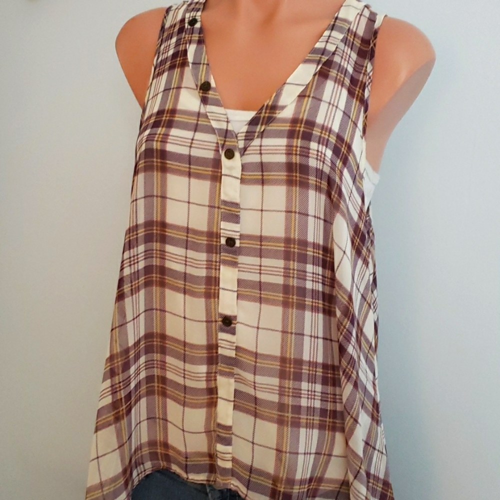 Sheer flannel print sleeveless top